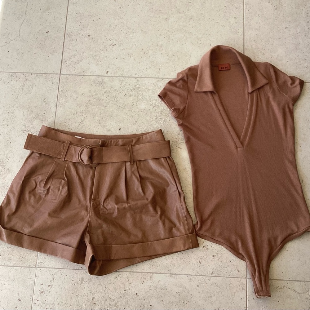 Camel colored leather mid rise shorts and matching bodysuit